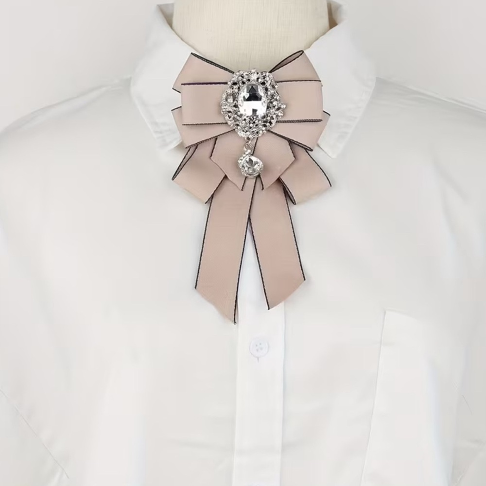 Apricot Rhinestone Bow Tie Brooch Elegant Ribbon Statement Collar Accessory